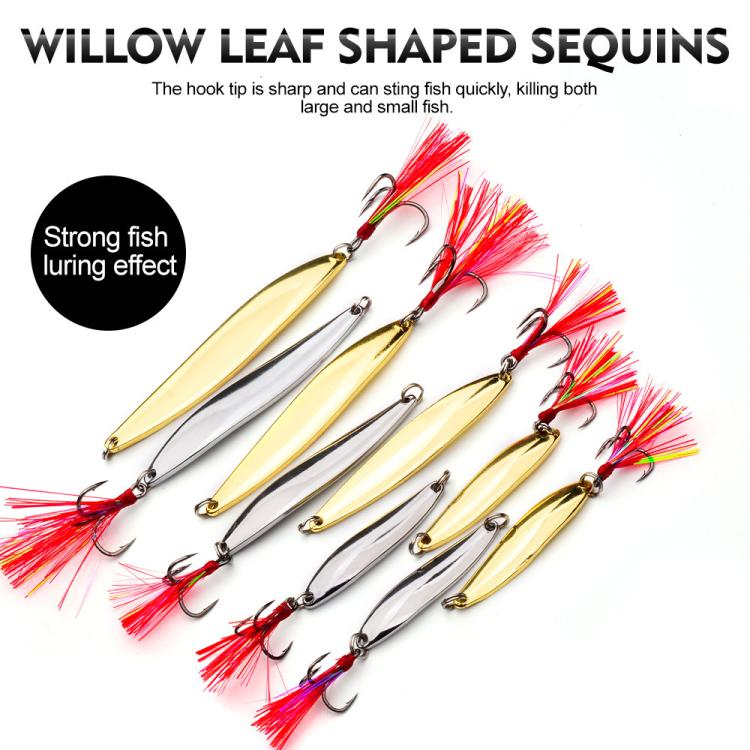Willow leaf spoon lure set with gold and silver blades, red tinsel, and treble hooks