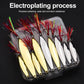 Fishing spoon lure set in clear case: gold and silver blades with red tinsel treble hooks
