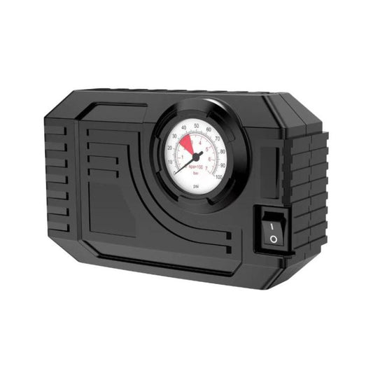 Portable analog tire inflator with round pressure gauge and power switch, dark gray/black