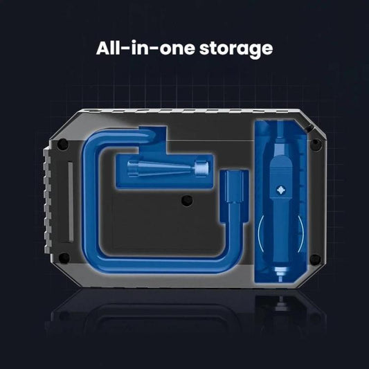 Portable tire inflator storage view with blue accessory compartment and integrated nozzle