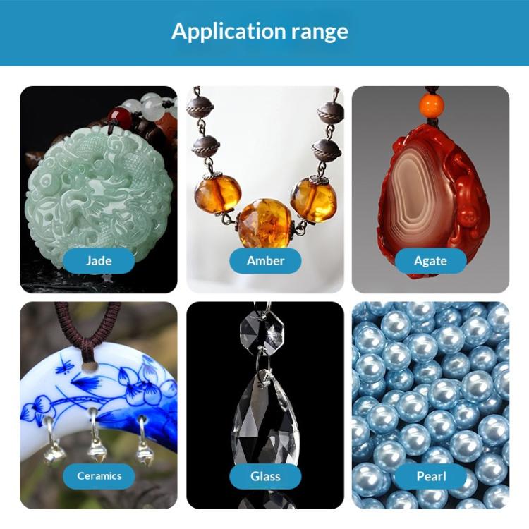 Application range infographic for jade, amber, agate, ceramics, glass, and pearl