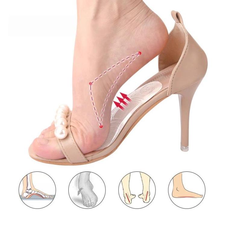 Clear silicone arch support half-insole on beige high heel shoe with cushioning