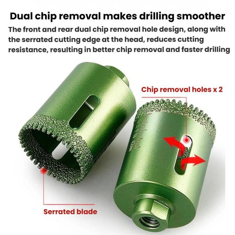 Two green tile hole saw bits with serrated blade rim for chip-free drilling