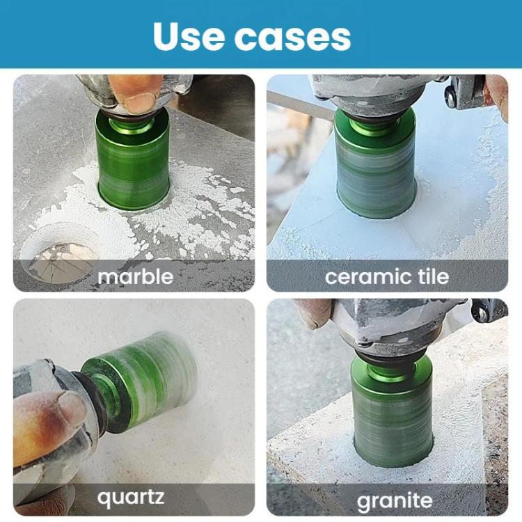 Green tile hole saw bit mounted on a drill for cutting tile holes