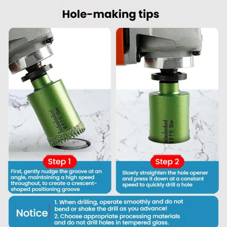 Green tile hole saw bit held by drill, showing serrated diamond cutting rim