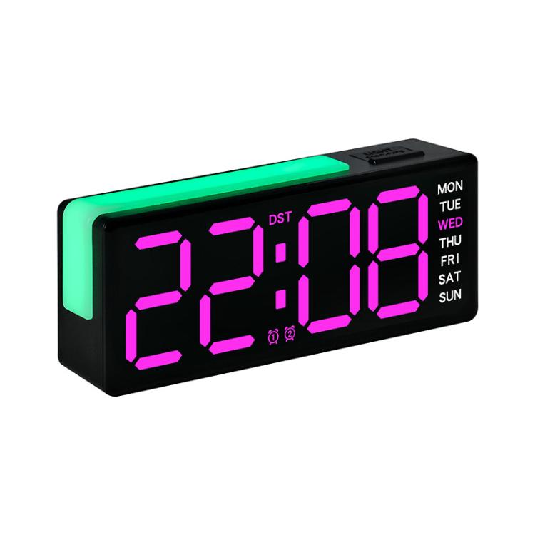 Digital alarm clock with RGB L-shaped night light, pink time digits and weekday panel.