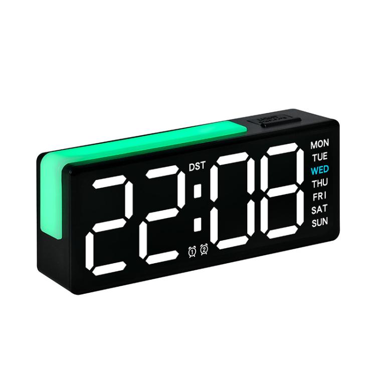 Digital alarm clock with RGB L-shaped night light, white time digits and weekday panel.