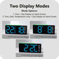 Digital alarm clock showing two display modes: time only and time with date/temperature.