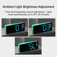 Digital alarm clock with RGB night light, three brightness levels shown on the display.