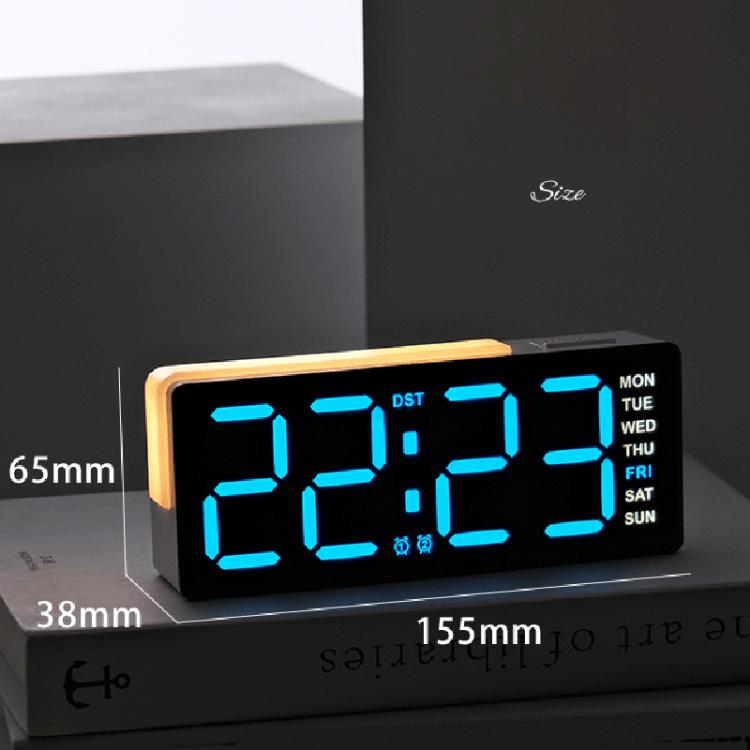 Black digital alarm clock with blue LED time display and size dimensions