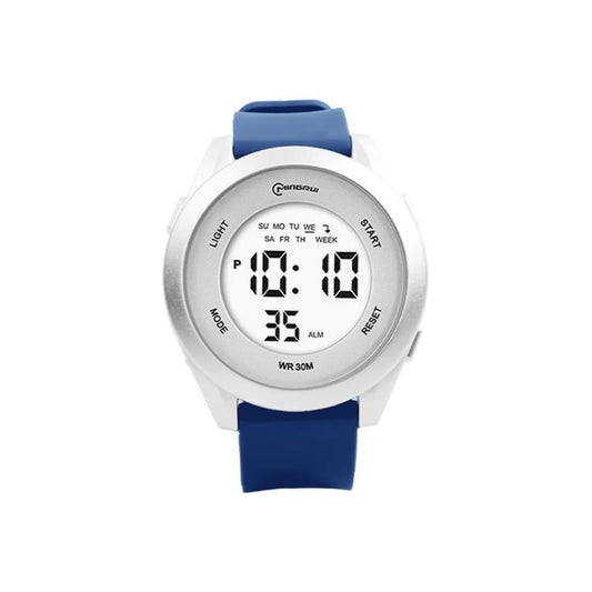 MINGRUI kids digital sport watch with blue silicone strap, round white case, LED display