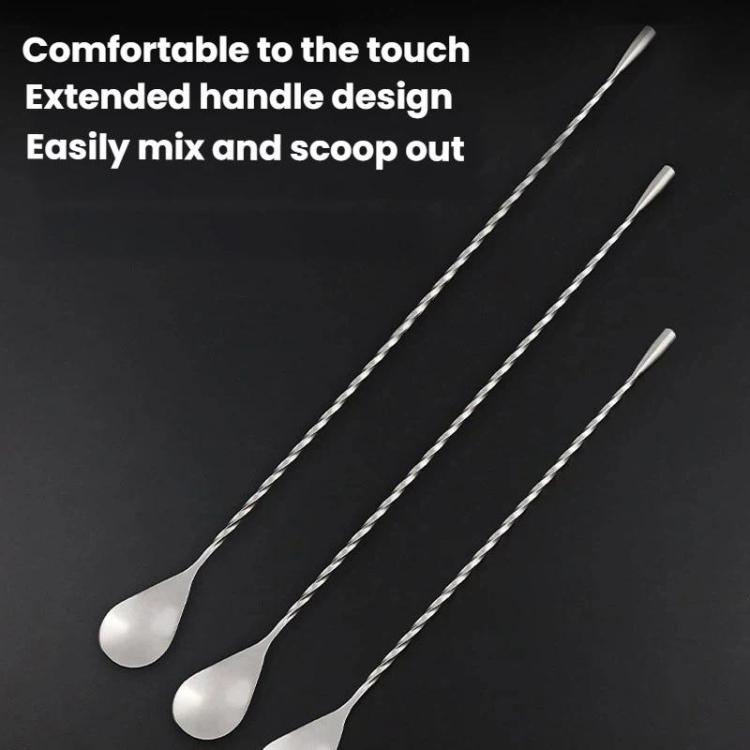 Set of stainless steel long-handled stirrer spoons with twisted handles, polished