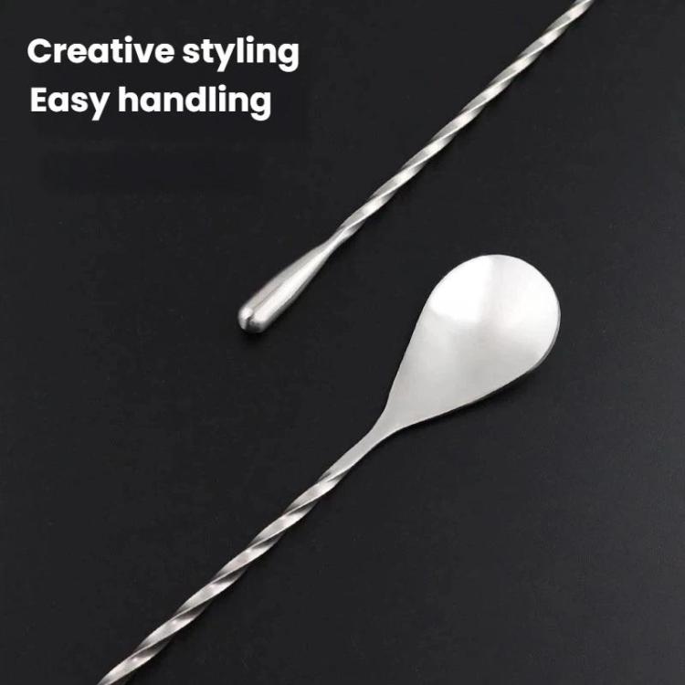 Stainless steel long-handled stirrer spoon with twisted handle and teardrop bowl