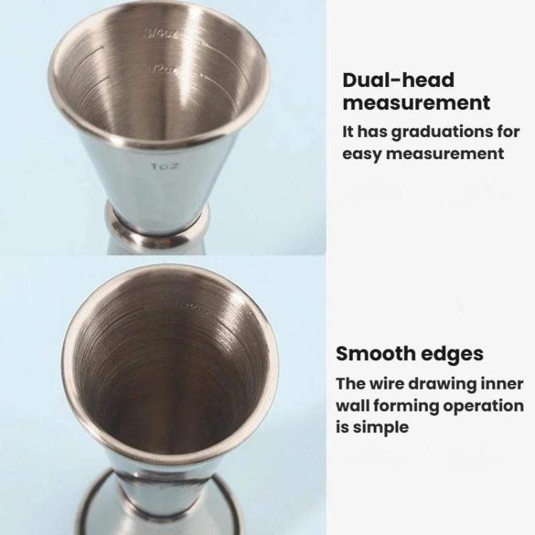 Dual-headed stainless steel jigger with inner funnel and visible volume lines