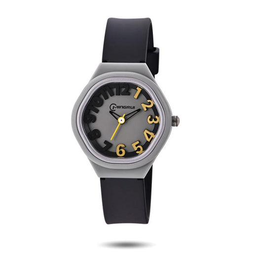 Kids analog watch with gray dial and black silicone strap, gold-tone hands