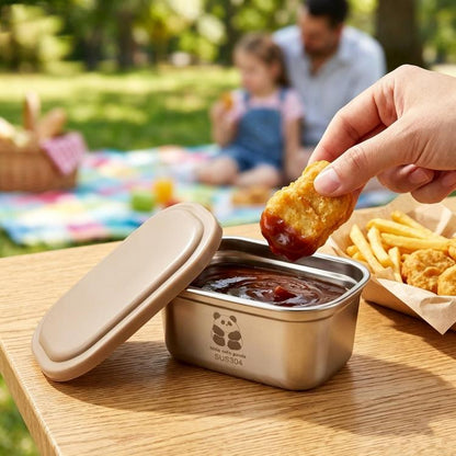 Mini stainless steel condiment container with beige airtight lid, open top