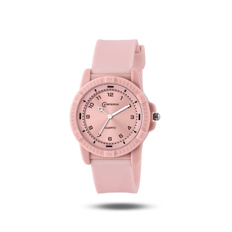 Light pink quartz analog wrist watch with silicone strap and round dial