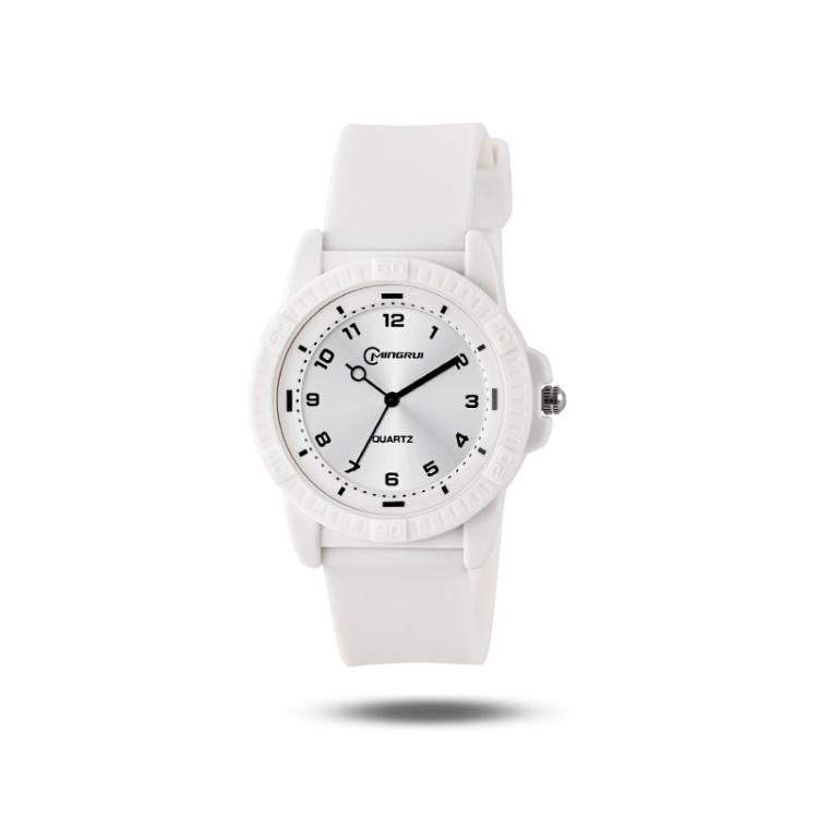 White quartz analog wrist watch with silicone strap and round dial