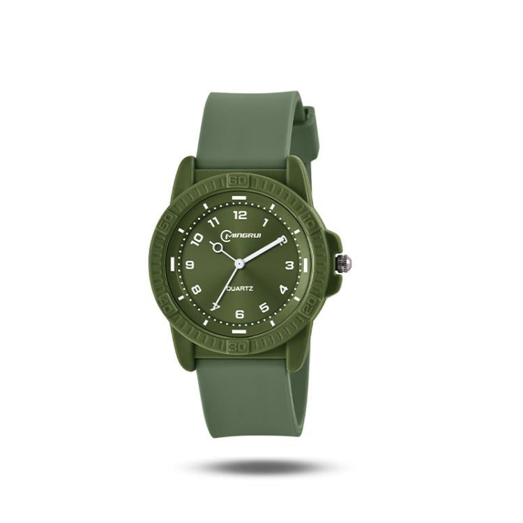 Green quartz analog wrist watch with silicone strap and round dial