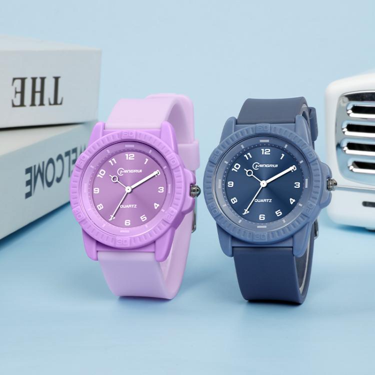 Purple and blue quartz analog wrist watches with silicone straps, round dials