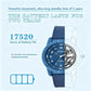 Blue quartz analog wrist watch with silicone strap, visible inner mechanism