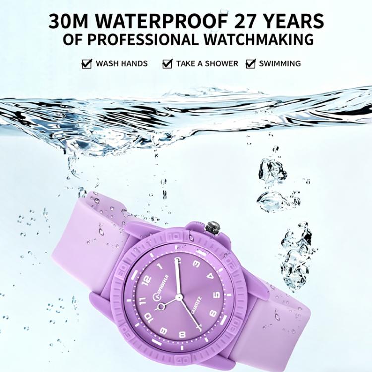 Purple quartz analog wrist watch with silicone strap and round dial