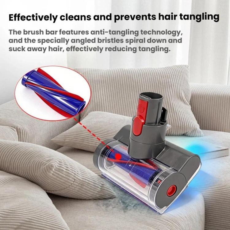 Mini motorized dust removal brush head with clear window and blue anti-tangle bristles