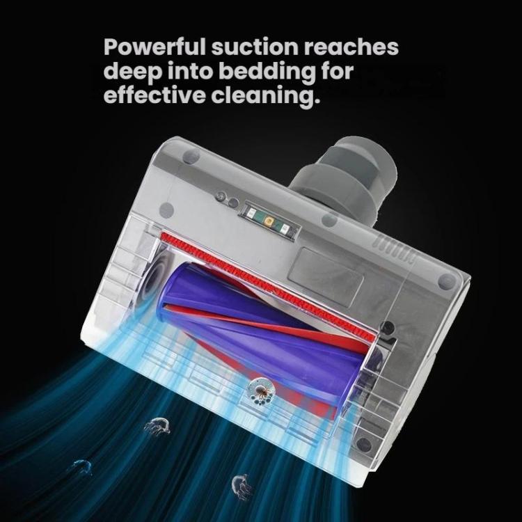 Mini vacuum tool with transparent chamber, blue roller brush, and front LED light