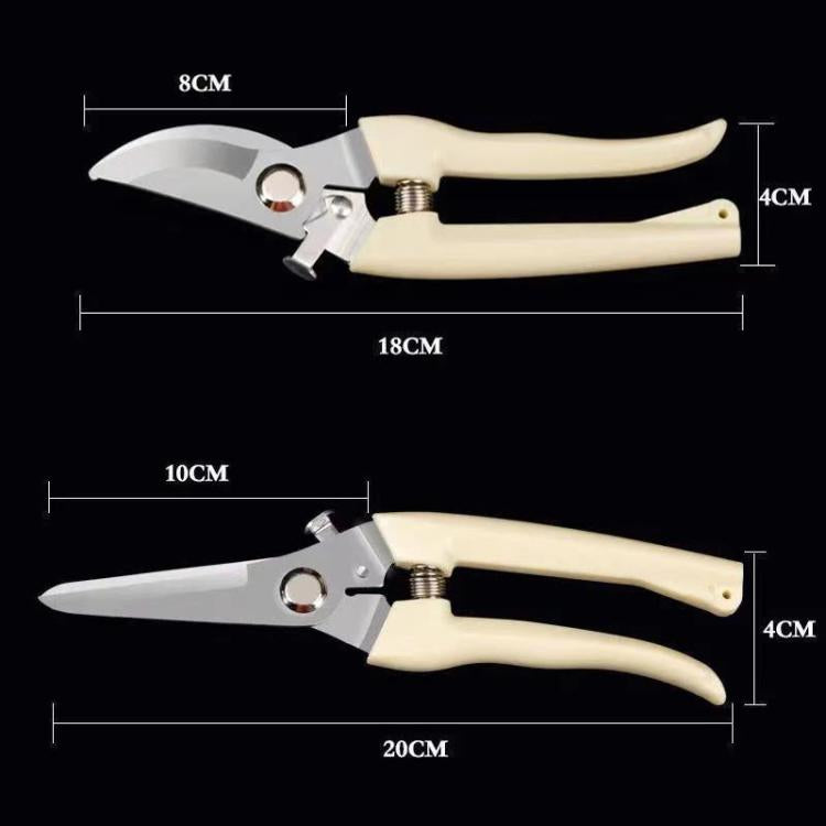 Ivory-handled stainless steel pruning shears with straight and curved blade sizes