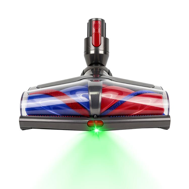 Motorized floor brush head with dual rollers and green LED dust detection light