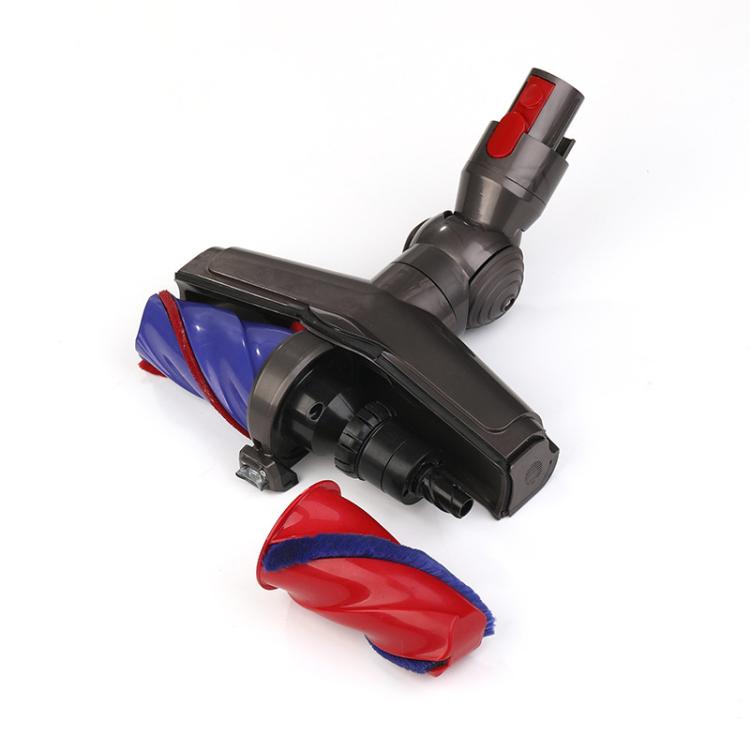 Motorized vacuum floor brush attachment with dual roller covers in red and blue