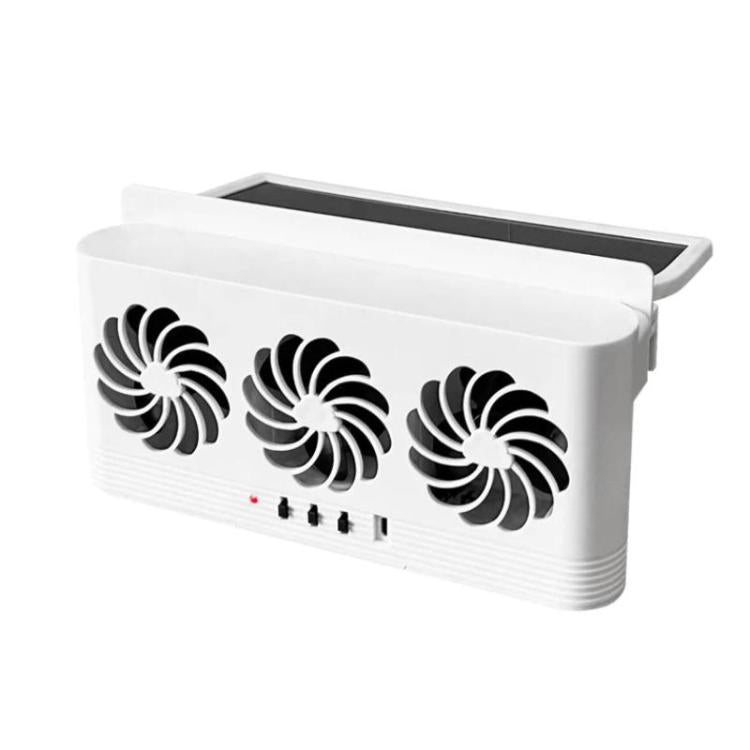 White vehicle-mounted solar ventilation fan with three circular airflow vents