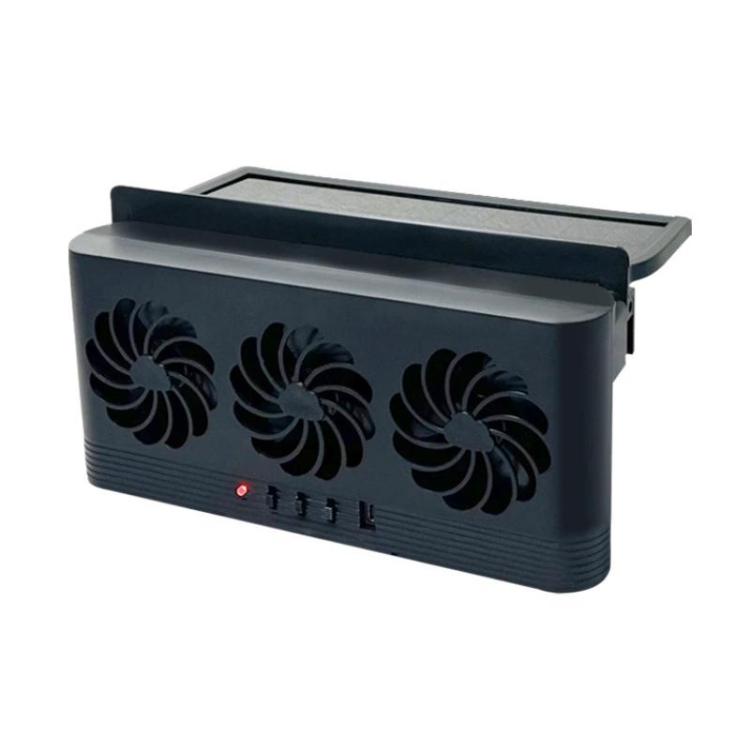 Black vehicle-mounted solar ventilation fan with three circular airflow vents