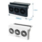 Black and white vehicle-mounted solar ventilation fans with size measurements