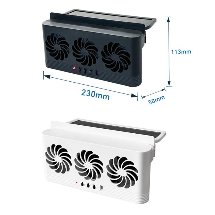 Black and white vehicle-mounted solar ventilation fans with size measurements
