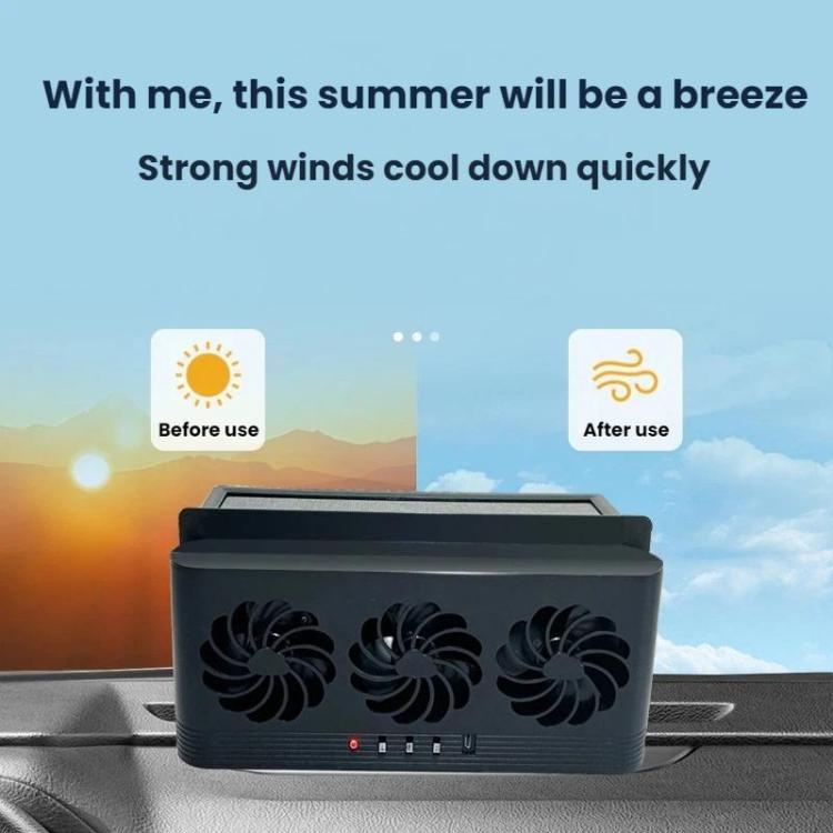 Black solar ventilation fan with three fan grilles installed inside a car