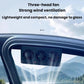 Black three-head solar ventilation fan mounted on a car roof window