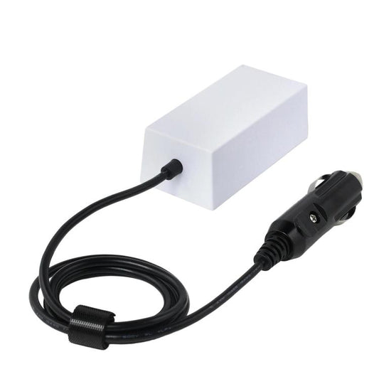 Step-up power adapter with white block and black car plug cable