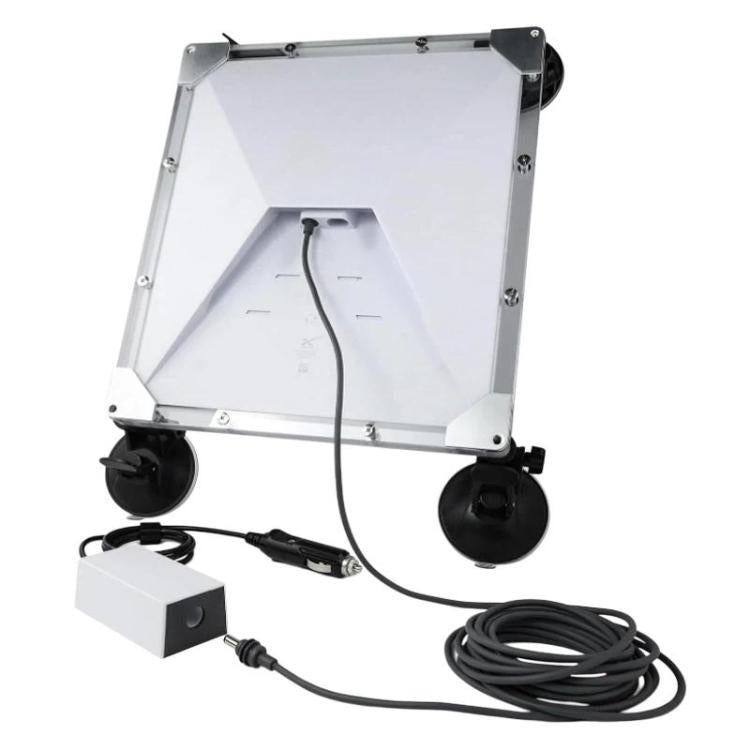 Portable satellite antenna setup with power adapter and coiled cable