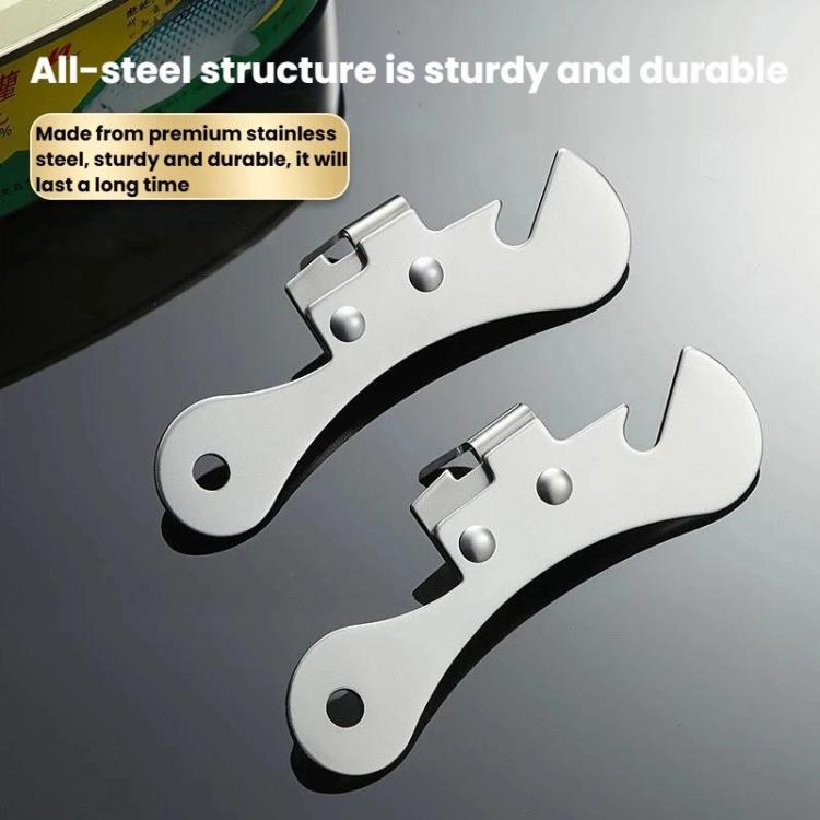 Stainless steel can opener with lid-lifting hook, two tools shown