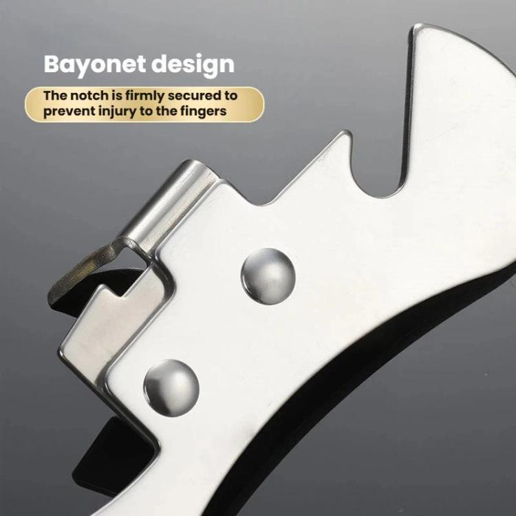 Stainless steel bayonet-style can opener with finger-safe notch