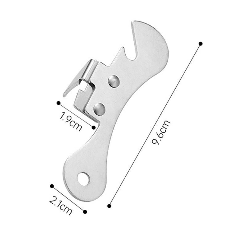 Stainless steel can opener dimensions: 9.9cm long, 7.1cm blade, 2.1cm wide