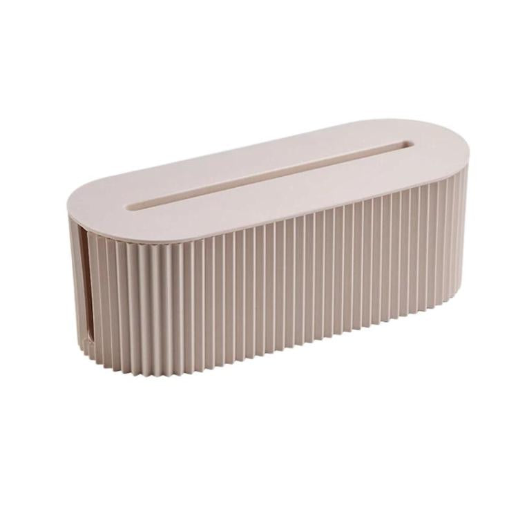 Desktop wire management cable box with open top slot, light beige/white ribbed sides.