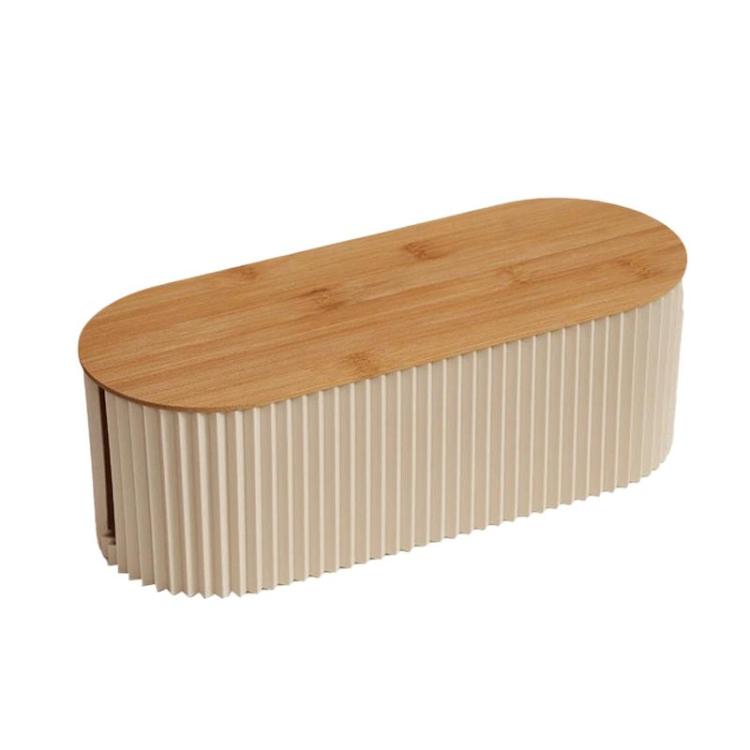 Desktop wire management cable box with wood lid, light ribbed sidewalls, top opening.