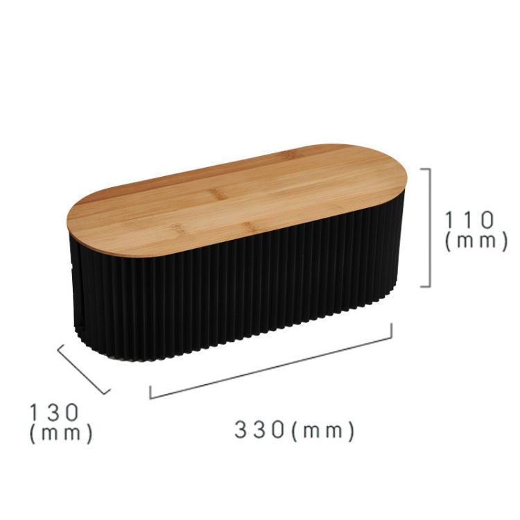 Desktop wire management cable box with wood lid and black ribbed body, size diagram.