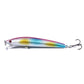 Fishing lure, silver with blue and yellow iridescent sides, two treble hooks