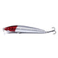 Fishing lure, red head and silver body with diagonal stripe, two treble hooks