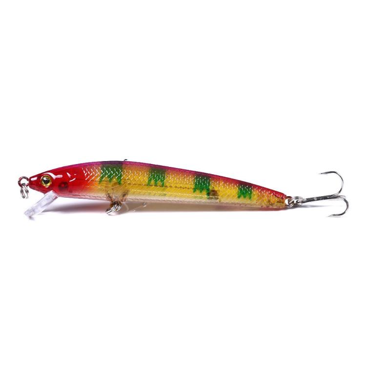Red minnow fishing lure with gold-green top patterning and treble hooks