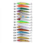 Assorted minnow fishing lures shown in 15 numbered color options with treble hooks