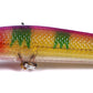 Close-up side view of gold-green minnow lure scales with treble hook
